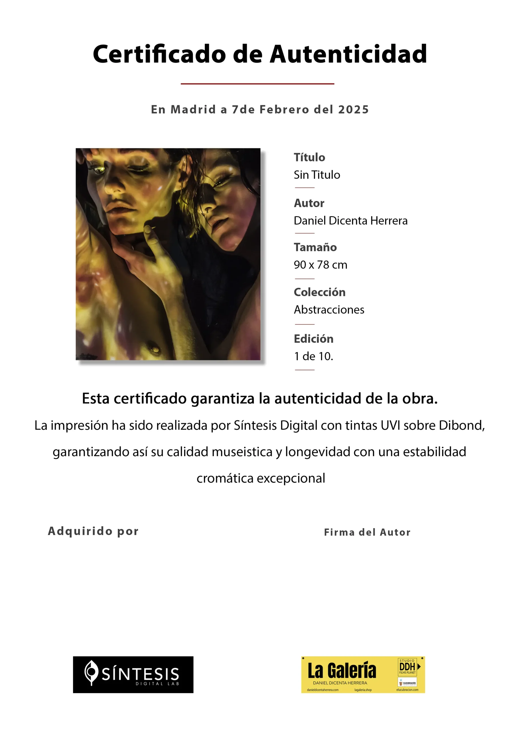 Certificado de autenticidad que acompaña cualquier obra de Daniel Dicenta Herrera